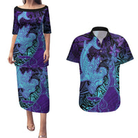 Hawaiian Volcano and Shark Couples Matching Puletasi and Hawaiian Shirt Polynesian and Hibiscus Pattern Purple Cyan Gradient