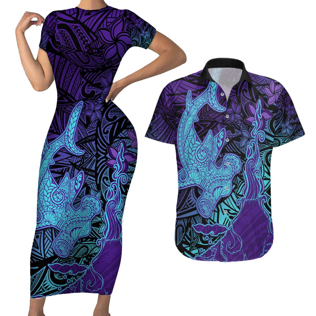 Hawaiian Volcano and Shark Couples Matching Short Sleeve Bodycon Dress and Hawaiian Shirt Polynesian and Hibiscus Pattern Purple Cyan Gradient LT03 Purple - Polynesian Pride