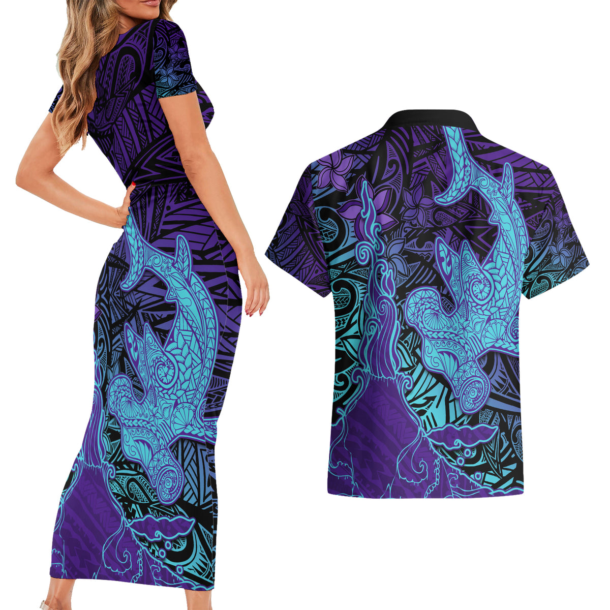 Hawaiian Volcano and Shark Couples Matching Short Sleeve Bodycon Dress and Hawaiian Shirt Polynesian and Hibiscus Pattern Purple Cyan Gradient LT03 - Polynesian Pride