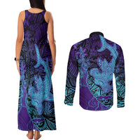 Hawaiian Volcano and Shark Couples Matching Tank Maxi Dress and Long Sleeve Button Shirt Polynesian and Hibiscus Pattern Purple Cyan Gradient
