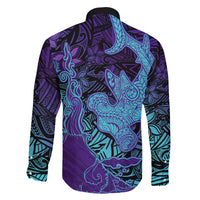 Hawaiian Volcano and Shark Family Matching Long Sleeve Bodycon Dress and Hawaiian Shirt Polynesian and Hibiscus Pattern Purple Cyan Gradient