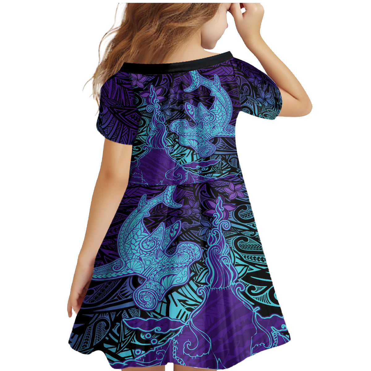 Hawaiian Volcano and Shark Family Matching Mermaid Dress and Hawaiian Shirt Polynesian and Hibiscus Pattern Purple Cyan Gradient LT03 - Polynesian Pride