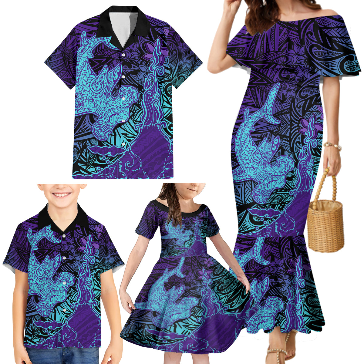 Hawaiian Volcano and Shark Family Matching Mermaid Dress and Hawaiian Shirt Polynesian and Hibiscus Pattern Purple Cyan Gradient LT03 - Polynesian Pride