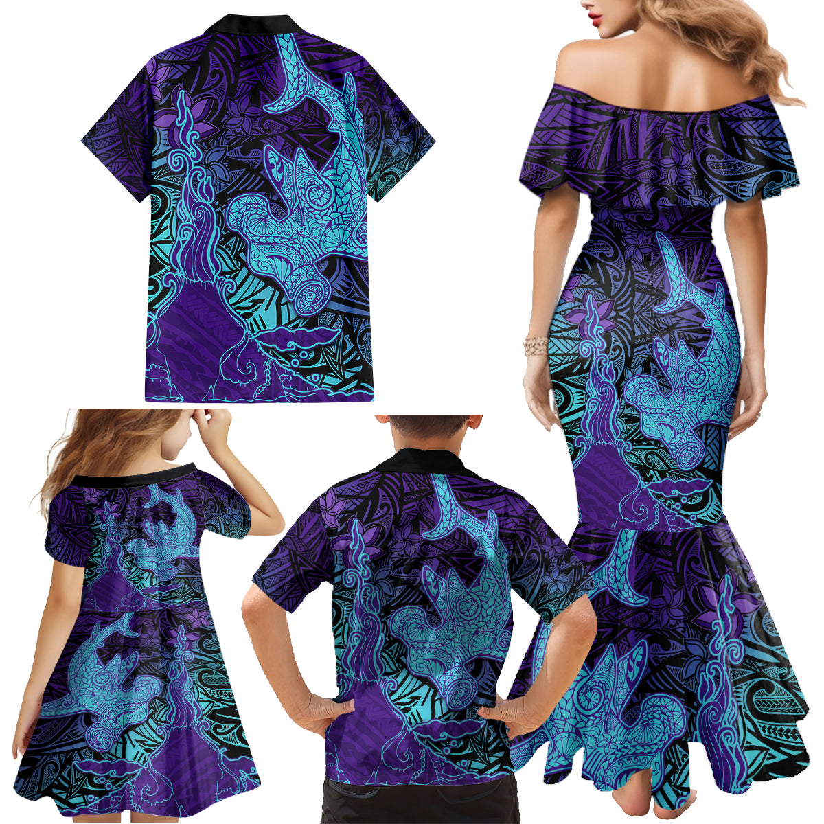 Hawaiian Volcano and Shark Family Matching Mermaid Dress and Hawaiian Shirt Polynesian and Hibiscus Pattern Purple Cyan Gradient LT03 - Polynesian Pride