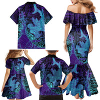 Hawaiian Volcano and Shark Family Matching Mermaid Dress and Hawaiian Shirt Polynesian and Hibiscus Pattern Purple Cyan Gradient LT03 - Polynesian Pride