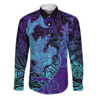 Hawaiian Volcano and Shark Family Matching Mermaid Dress and Hawaiian Shirt Polynesian and Hibiscus Pattern Purple Cyan Gradient LT03 Dad's Shirt - Long Sleeve Purple - Polynesian Pride