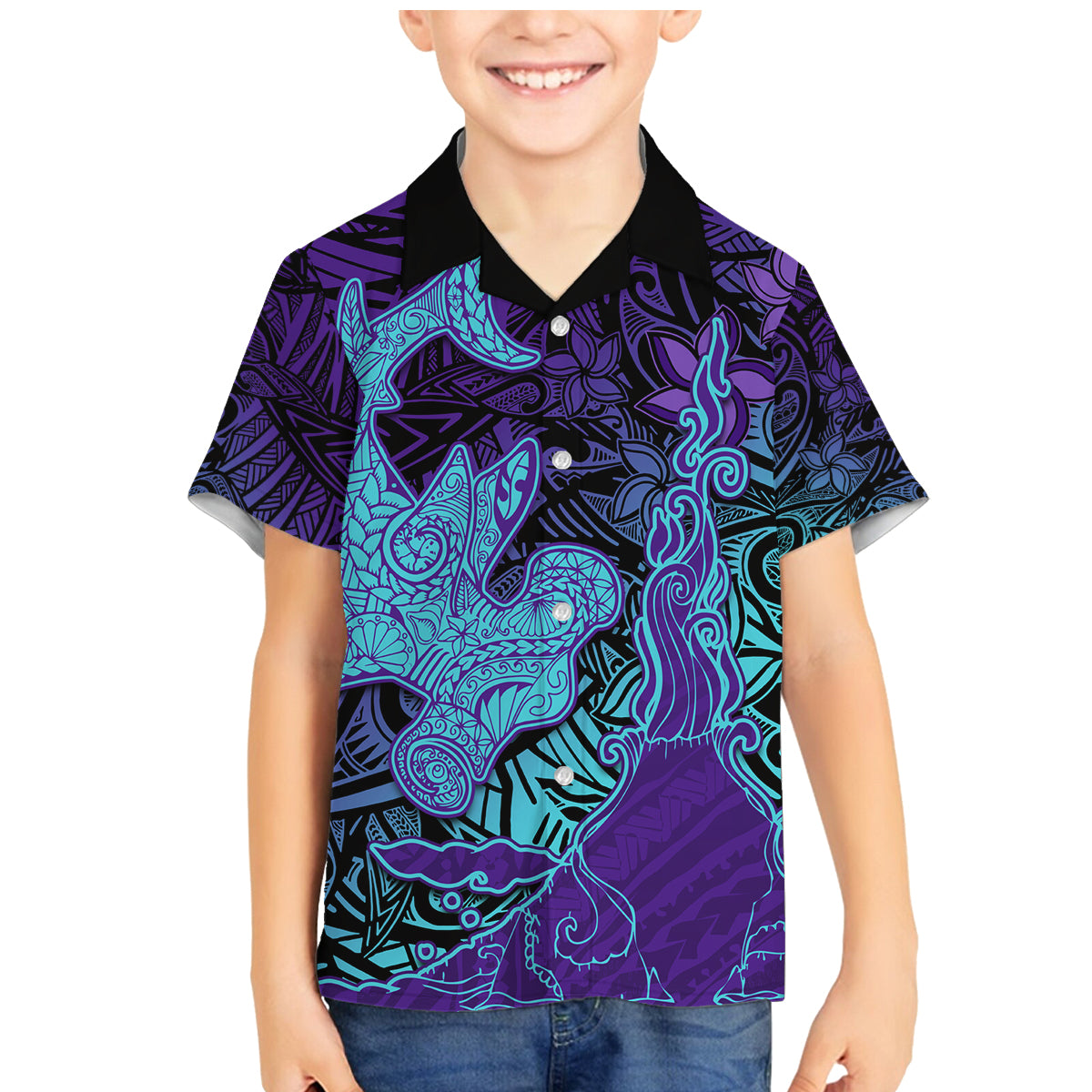 Hawaiian Volcano and Shark Family Matching Mermaid Dress and Hawaiian Shirt Polynesian and Hibiscus Pattern Purple Cyan Gradient LT03 Son's Shirt Purple - Polynesian Pride