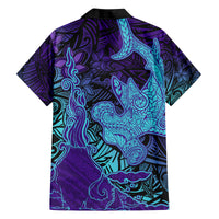 Hawaiian Volcano and Shark Family Matching Off The Shoulder Long Sleeve Dress and Hawaiian Shirt Polynesian and Hibiscus Pattern Purple Cyan Gradient