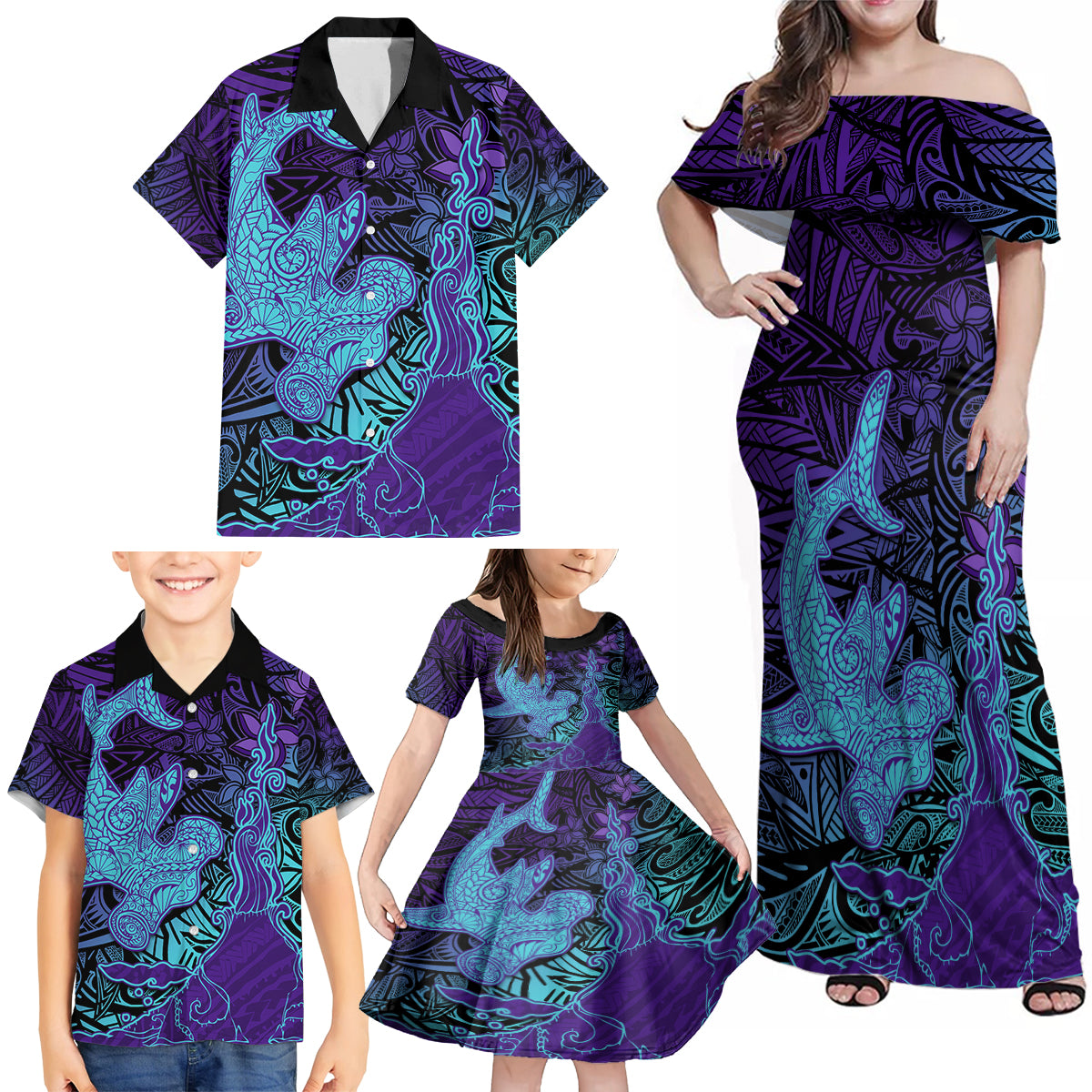 Hawaiian Volcano and Shark Family Matching Off Shoulder Maxi Dress and Hawaiian Shirt Polynesian and Hibiscus Pattern Purple Cyan Gradient LT03 - Polynesian Pride