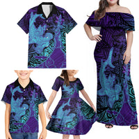 Hawaiian Volcano and Shark Family Matching Off Shoulder Maxi Dress and Hawaiian Shirt Polynesian and Hibiscus Pattern Purple Cyan Gradient LT03 - Polynesian Pride