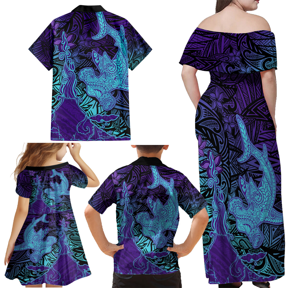 Hawaiian Volcano and Shark Family Matching Off Shoulder Maxi Dress and Hawaiian Shirt Polynesian and Hibiscus Pattern Purple Cyan Gradient LT03 - Polynesian Pride