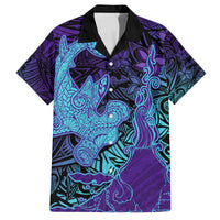 Hawaiian Volcano and Shark Family Matching Off Shoulder Maxi Dress and Hawaiian Shirt Polynesian and Hibiscus Pattern Purple Cyan Gradient LT03 Dad's Shirt - Short Sleeve Purple - Polynesian Pride