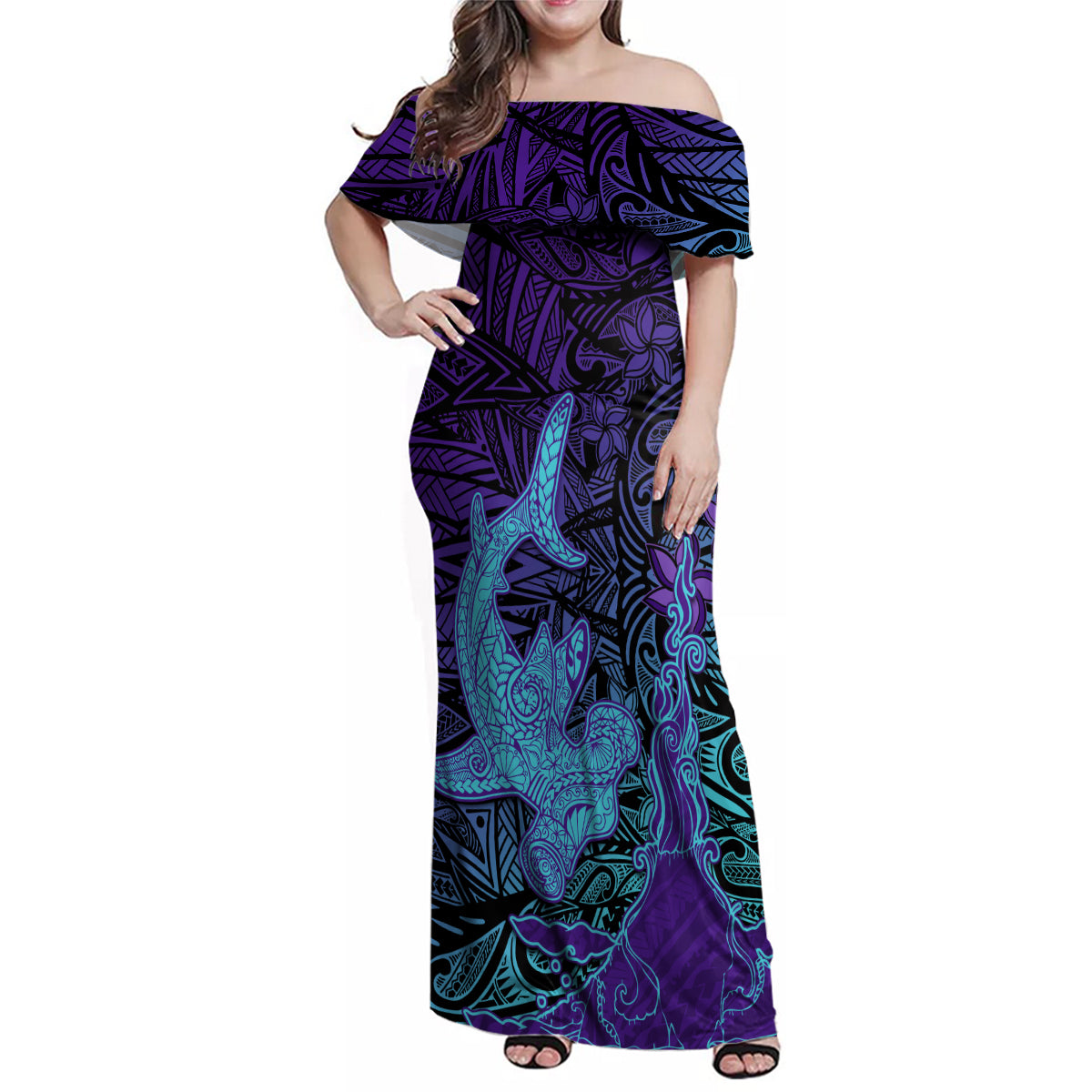 Hawaiian Volcano and Shark Family Matching Off Shoulder Maxi Dress and Hawaiian Shirt Polynesian and Hibiscus Pattern Purple Cyan Gradient LT03 Mom's Dress Purple - Polynesian Pride