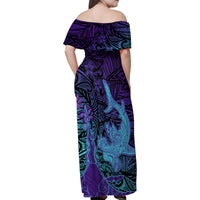 Hawaiian Volcano and Shark Family Matching Off Shoulder Maxi Dress and Hawaiian Shirt Polynesian and Hibiscus Pattern Purple Cyan Gradient LT03 - Polynesian Pride
