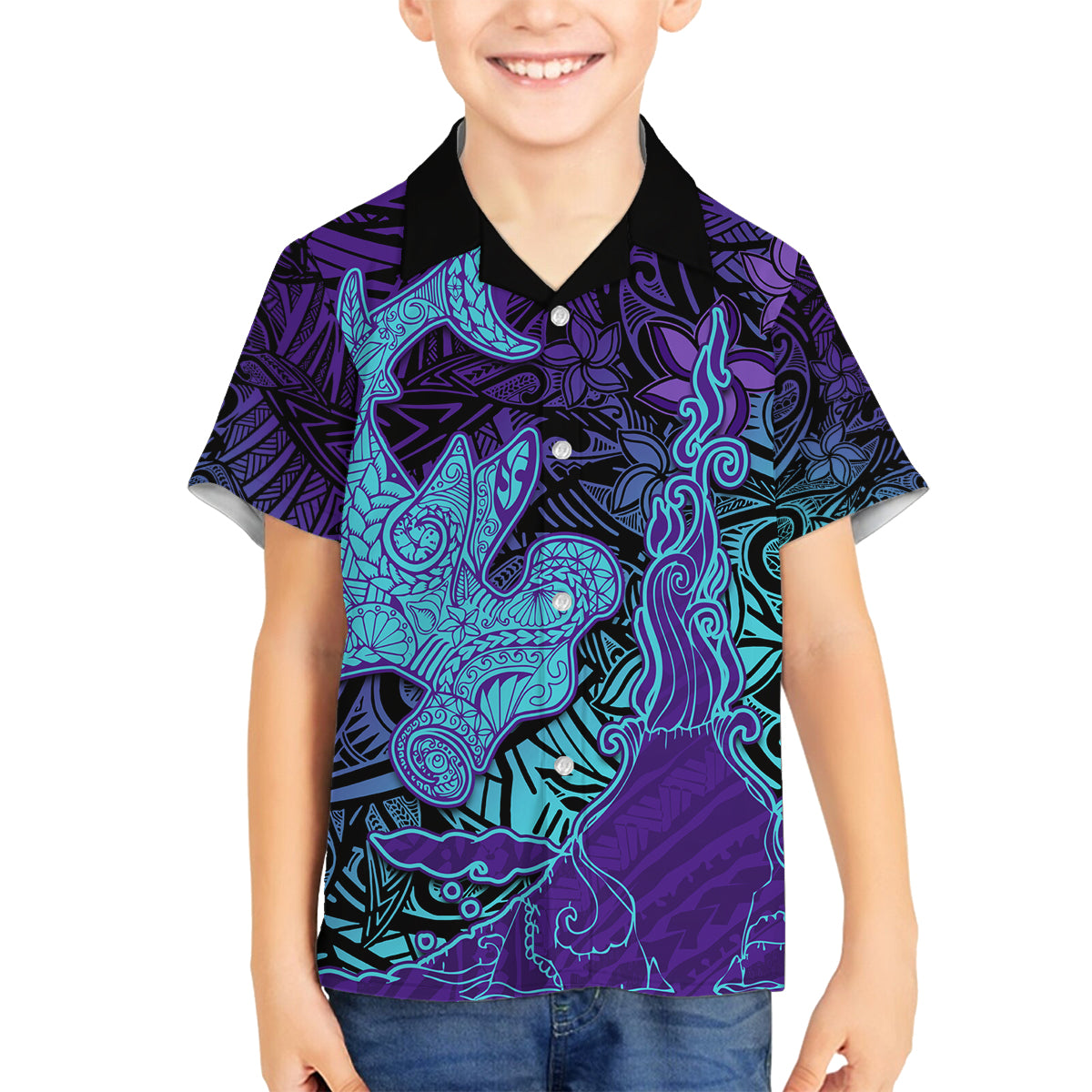 Hawaiian Volcano and Shark Family Matching Off Shoulder Maxi Dress and Hawaiian Shirt Polynesian and Hibiscus Pattern Purple Cyan Gradient LT03 Son's Shirt Purple - Polynesian Pride