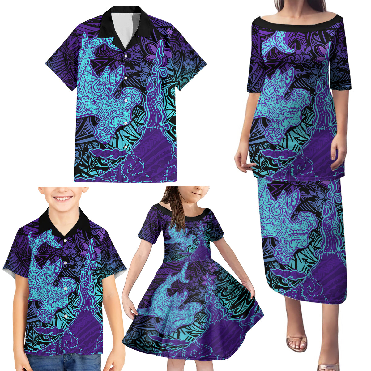 Hawaiian Volcano and Shark Family Matching Puletasi and Hawaiian Shirt Polynesian and Hibiscus Pattern Purple Cyan Gradient LT03 - Polynesian Pride
