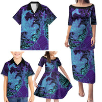Hawaiian Volcano and Shark Family Matching Puletasi and Hawaiian Shirt Polynesian and Hibiscus Pattern Purple Cyan Gradient LT03 - Polynesian Pride