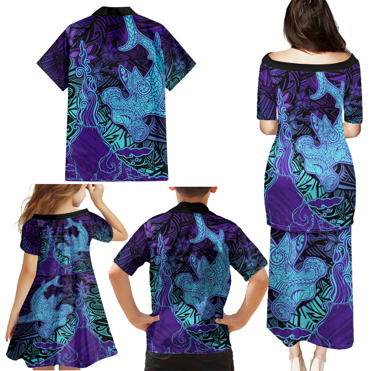 Hawaiian Volcano and Shark Family Matching Puletasi and Hawaiian Shirt Polynesian and Hibiscus Pattern Purple Cyan Gradient LT03 - Polynesian Pride