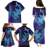 Hawaiian Volcano and Shark Family Matching Puletasi and Hawaiian Shirt Polynesian and Hibiscus Pattern Purple Cyan Gradient LT03 - Polynesian Pride