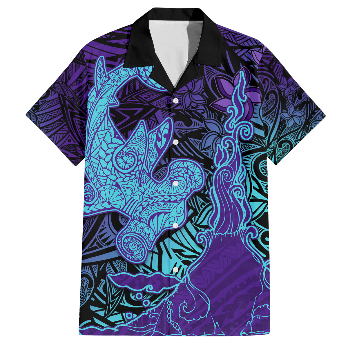 Hawaiian Volcano and Shark Family Matching Puletasi and Hawaiian Shirt Polynesian and Hibiscus Pattern Purple Cyan Gradient LT03 Dad's Shirt - Short Sleeve Purple - Polynesian Pride