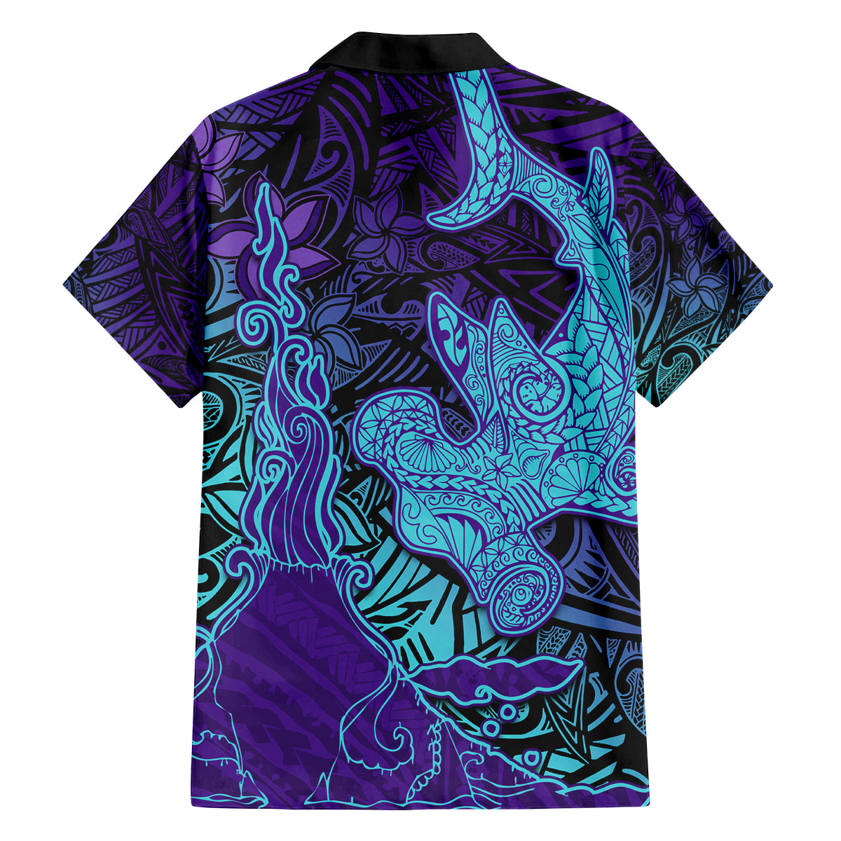 Hawaiian Volcano and Shark Family Matching Puletasi and Hawaiian Shirt Polynesian and Hibiscus Pattern Purple Cyan Gradient LT03 - Polynesian Pride