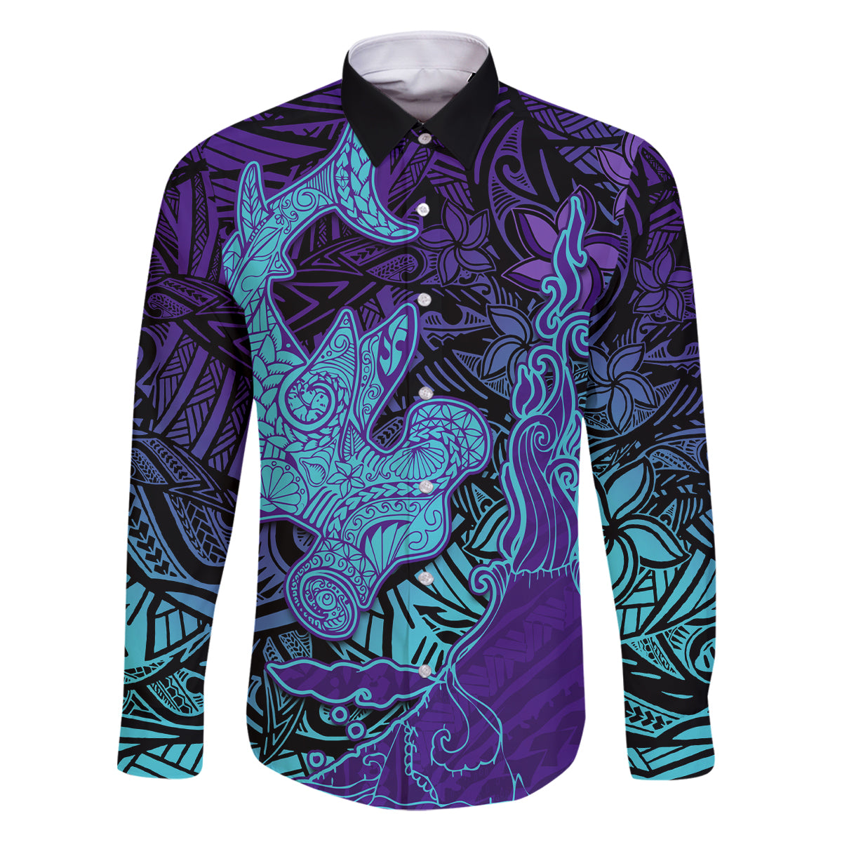 Hawaiian Volcano and Shark Family Matching Puletasi and Hawaiian Shirt Polynesian and Hibiscus Pattern Purple Cyan Gradient LT03 Dad's Shirt - Long Sleeve Purple - Polynesian Pride