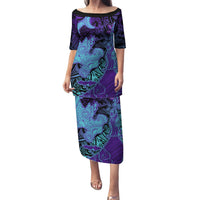 Hawaiian Volcano and Shark Family Matching Puletasi and Hawaiian Shirt Polynesian and Hibiscus Pattern Purple Cyan Gradient LT03 Mom's Dress Purple - Polynesian Pride