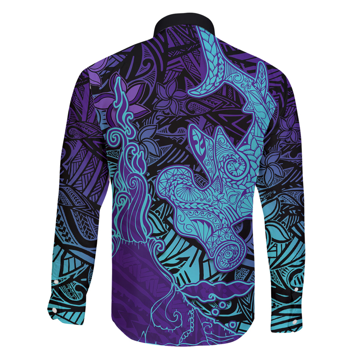 Hawaiian Volcano and Shark Family Matching Summer Maxi Dress and Hawaiian Shirt Polynesian and Hibiscus Pattern Purple Cyan Gradient
