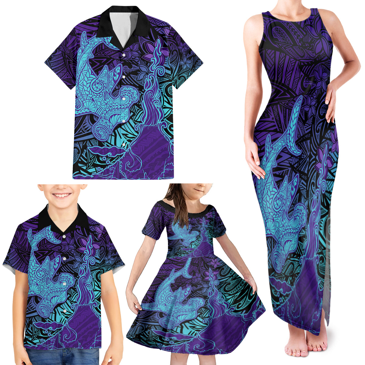 Hawaiian Volcano and Shark Family Matching Tank Maxi Dress and Hawaiian Shirt Polynesian and Hibiscus Pattern Purple Cyan Gradient