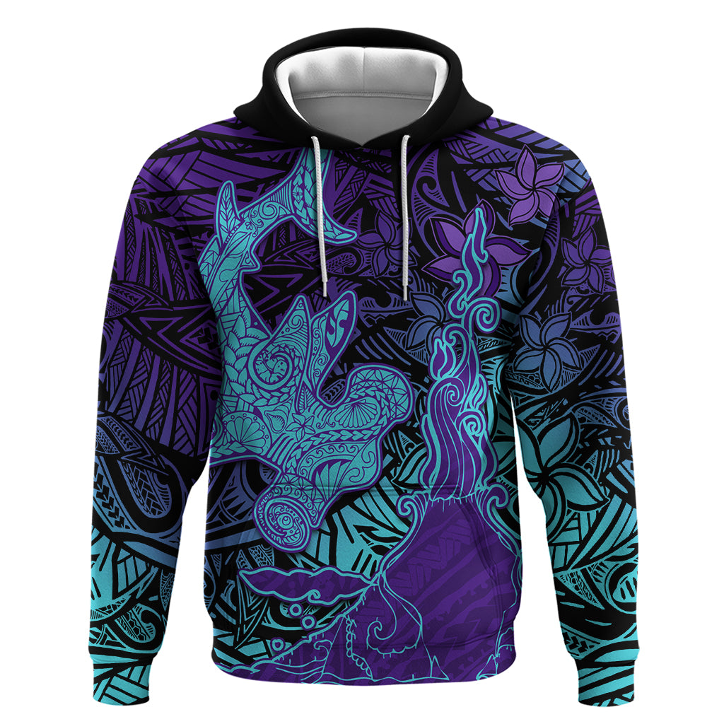 Hawaiian Volcano and Shark Hoodie Polynesian and Hibiscus Pattern Purple Cyan Gradient LT03 Pullover Hoodie Purple - Polynesian Pride
