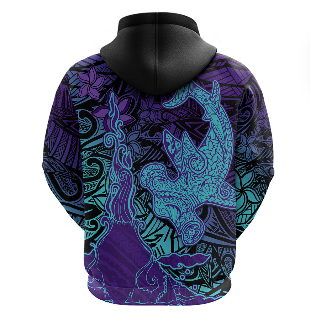 Hawaiian Volcano and Shark Hoodie Polynesian and Hibiscus Pattern Purple Cyan Gradient LT03 - Polynesian Pride