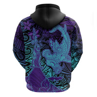 Hawaiian Volcano and Shark Hoodie Polynesian and Hibiscus Pattern Purple Cyan Gradient LT03 - Polynesian Pride
