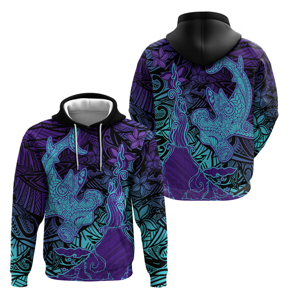 Hawaiian Volcano and Shark Hoodie Polynesian and Hibiscus Pattern Purple Cyan Gradient LT03 - Polynesian Pride