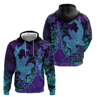 Hawaiian Volcano and Shark Hoodie Polynesian and Hibiscus Pattern Purple Cyan Gradient LT03 - Polynesian Pride