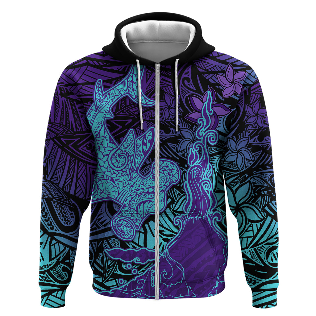 Hawaiian Volcano and Shark Hoodie Polynesian and Hibiscus Pattern Purple Cyan Gradient LT03 Zip Hoodie Purple - Polynesian Pride