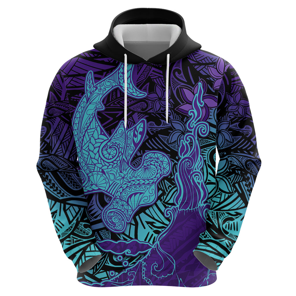 Hawaiian Volcano and Shark Hoodie Polynesian and Hibiscus Pattern Purple Cyan Gradient LT03 - Polynesian Pride