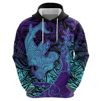 Hawaiian Volcano and Shark Hoodie Polynesian and Hibiscus Pattern Purple Cyan Gradient LT03 - Polynesian Pride