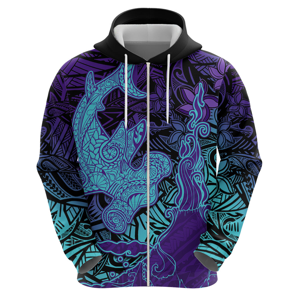 Hawaiian Volcano and Shark Hoodie Polynesian and Hibiscus Pattern Purple Cyan Gradient LT03 - Polynesian Pride