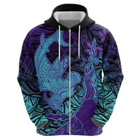 Hawaiian Volcano and Shark Hoodie Polynesian and Hibiscus Pattern Purple Cyan Gradient LT03 - Polynesian Pride