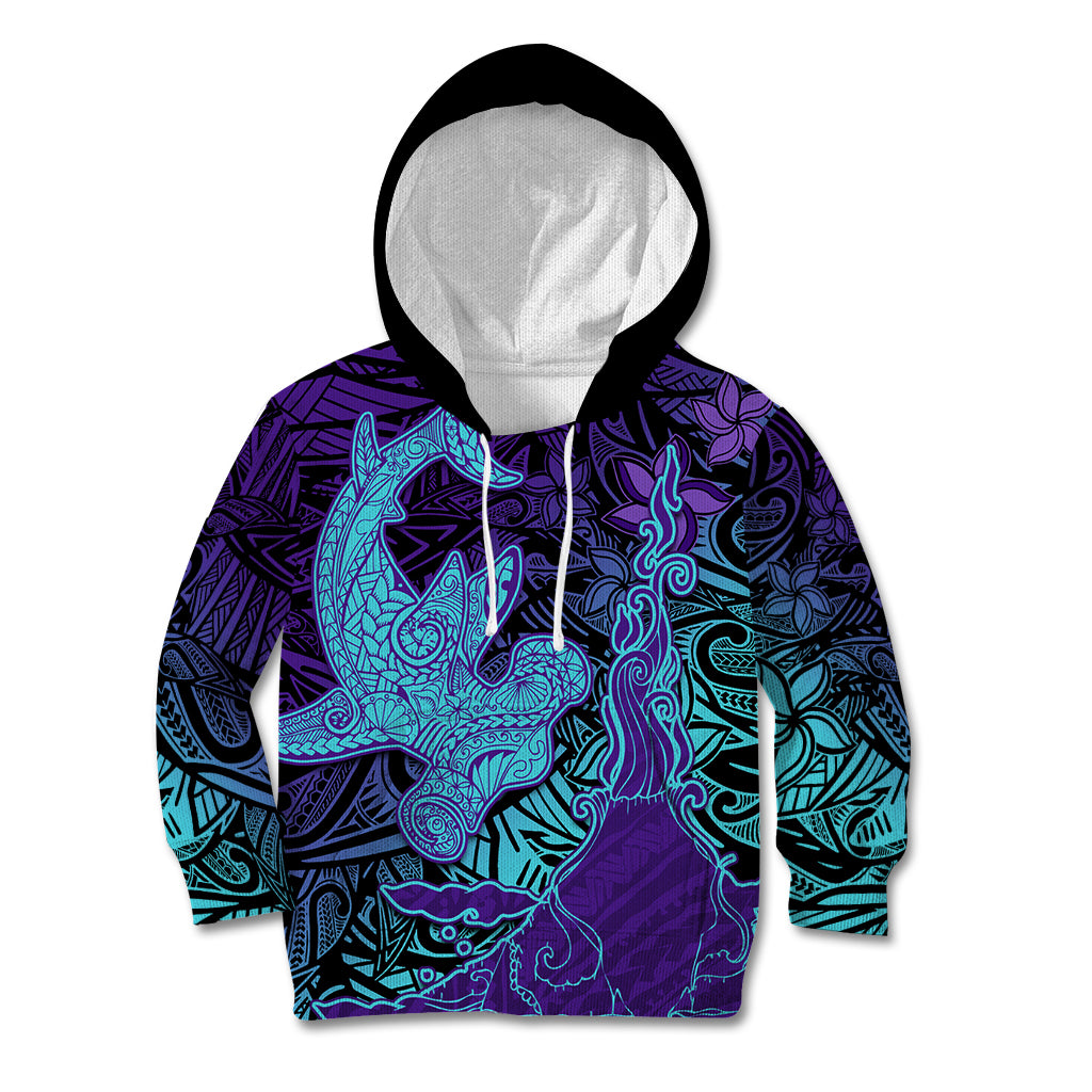 Hawaiian Volcano and Shark Kid Hoodie Polynesian and Hibiscus Pattern Purple Cyan Gradient LT03 Hoodie Purple - Polynesian Pride