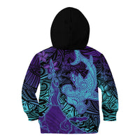 Hawaiian Volcano and Shark Kid Hoodie Polynesian and Hibiscus Pattern Purple Cyan Gradient LT03 - Polynesian Pride