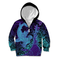 Hawaiian Volcano and Shark Kid Hoodie Polynesian and Hibiscus Pattern Purple Cyan Gradient LT03 Zip Hoodie Purple - Polynesian Pride
