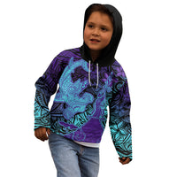 Hawaiian Volcano and Shark Kid Hoodie Polynesian and Hibiscus Pattern Purple Cyan Gradient LT03 - Polynesian Pride