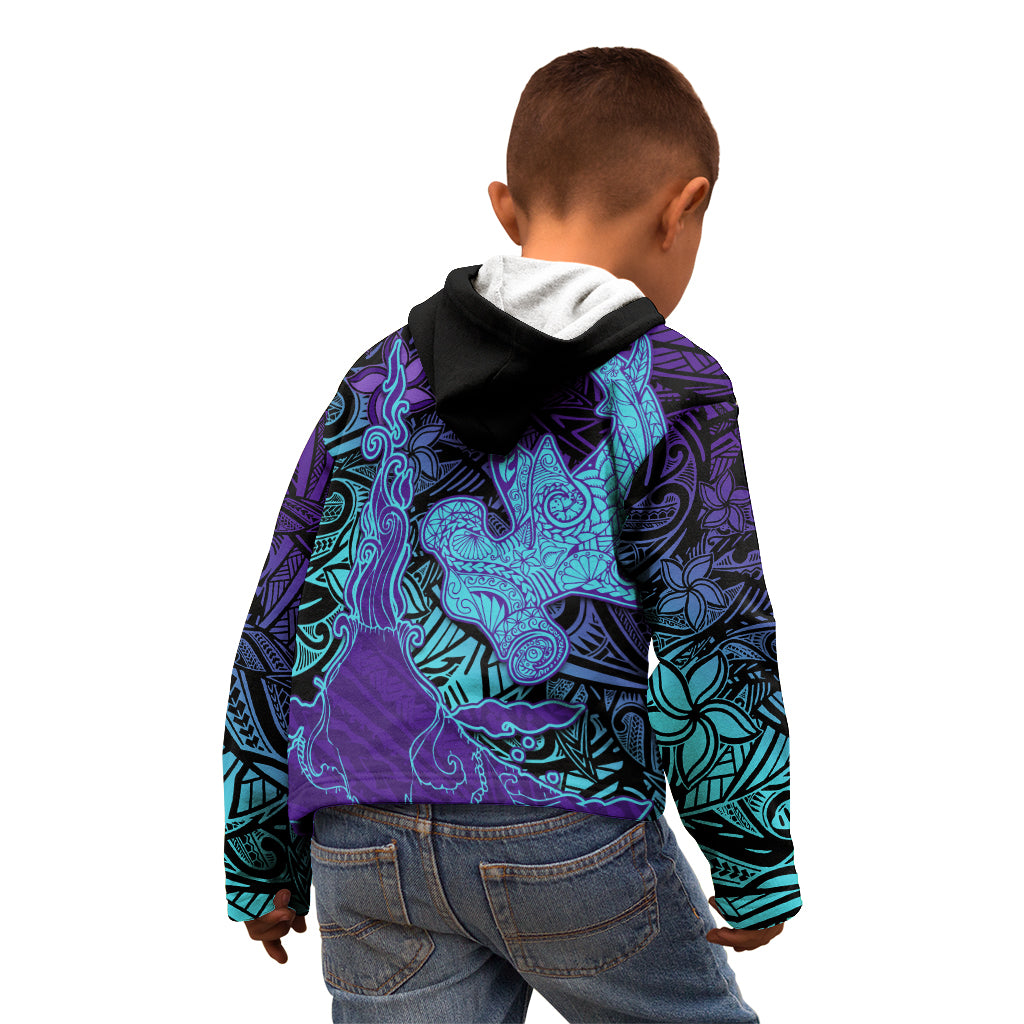 Hawaiian Volcano and Shark Kid Hoodie Polynesian and Hibiscus Pattern Purple Cyan Gradient LT03 - Polynesian Pride