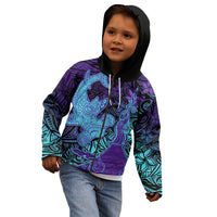 Hawaiian Volcano and Shark Kid Hoodie Polynesian and Hibiscus Pattern Purple Cyan Gradient LT03 - Polynesian Pride