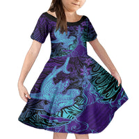 Hawaiian Volcano and Shark Kid Short Sleeve Dress Polynesian and Hibiscus Pattern Purple Cyan Gradient LT03 KID Purple - Polynesian Pride