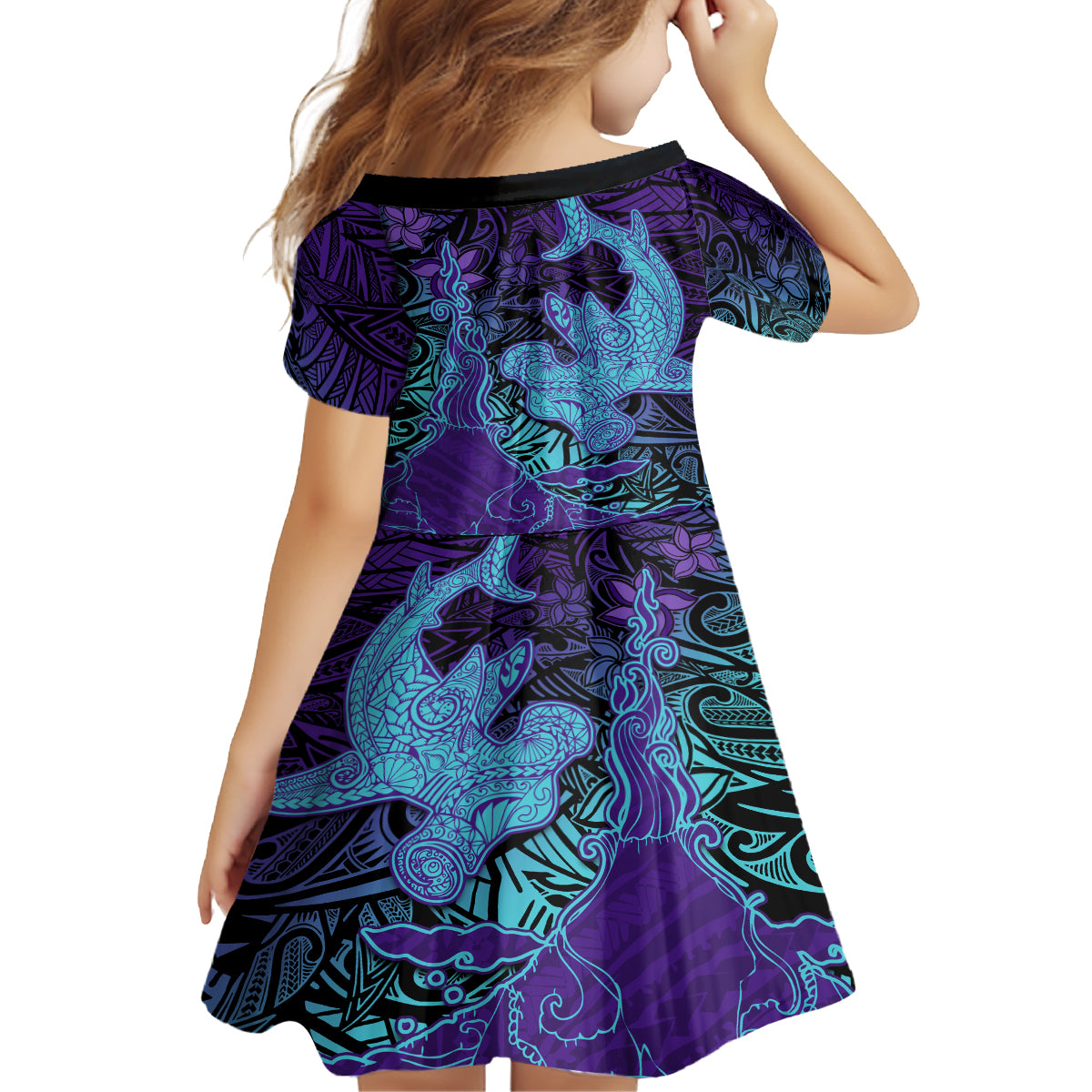 Hawaiian Volcano and Shark Kid Short Sleeve Dress Polynesian and Hibiscus Pattern Purple Cyan Gradient LT03 - Polynesian Pride