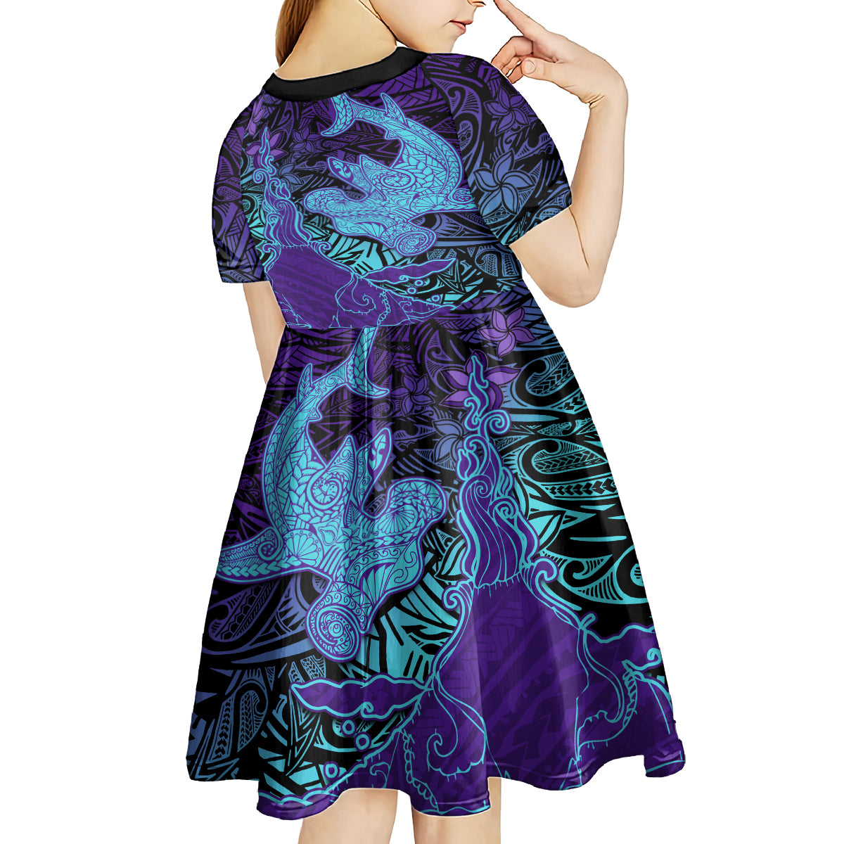 Hawaiian Volcano and Shark Kid Short Sleeve Dress Polynesian and Hibiscus Pattern Purple Cyan Gradient LT03 - Polynesian Pride