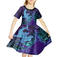 Hawaiian Volcano and Shark Kid Short Sleeve Dress Polynesian and Hibiscus Pattern Purple Cyan Gradient LT03 - Polynesian Pride