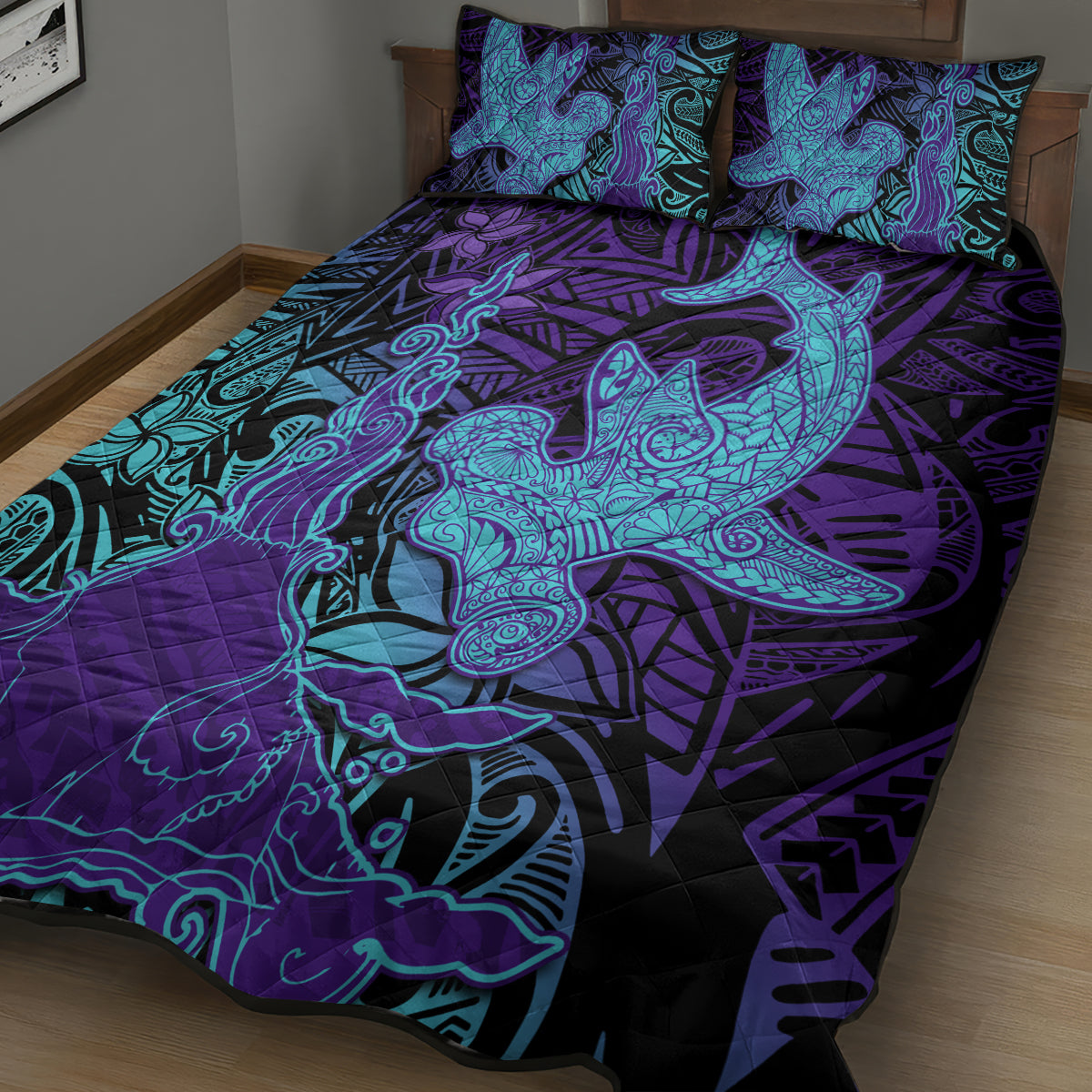 Hawaiian Volcano and Shark Quilt Bed Set Polynesian and Hibiscus Pattern Purple Cyan Gradient